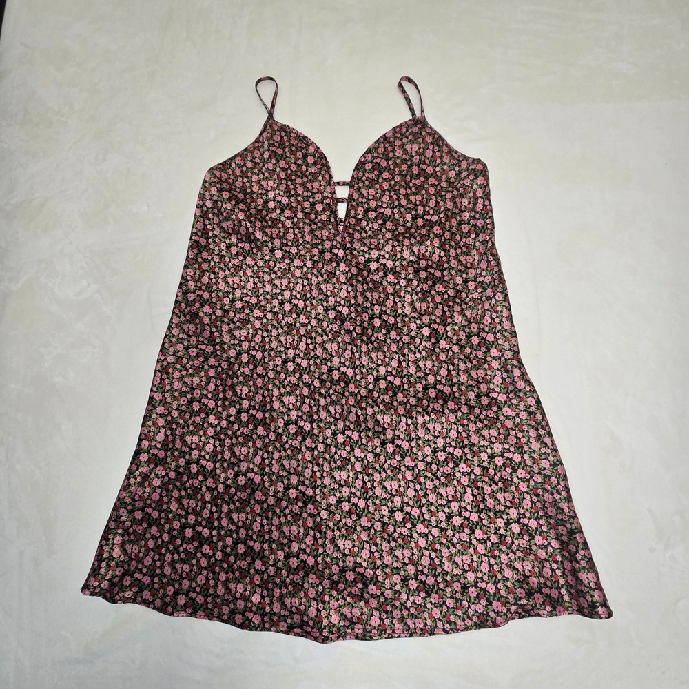 Morgan Taylor Intimates‎ Floral Nightgown Pink Black Strappy Satin Chemise Large